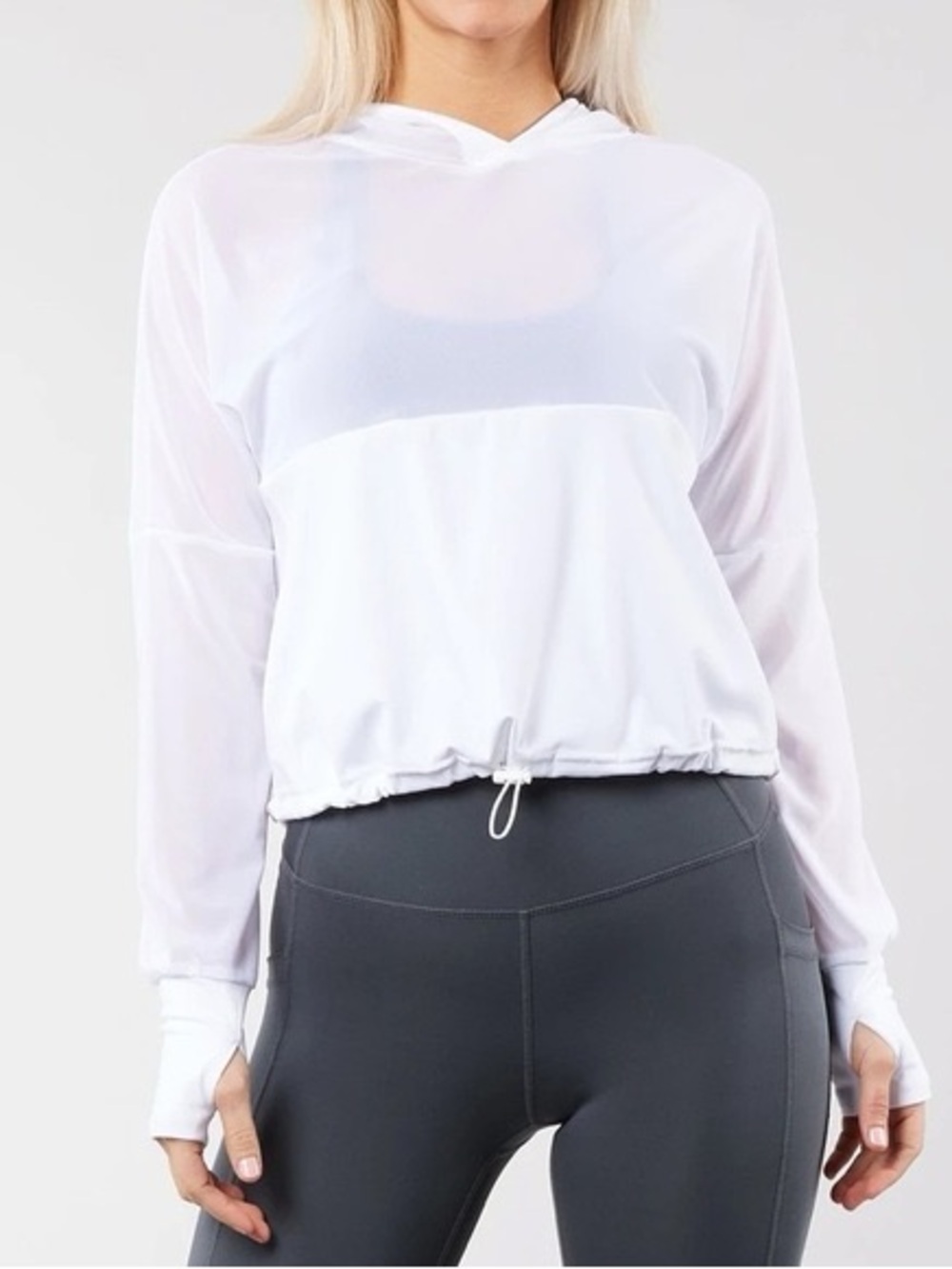 BuffBunny White Sheer Cropped Hooded Pullover
